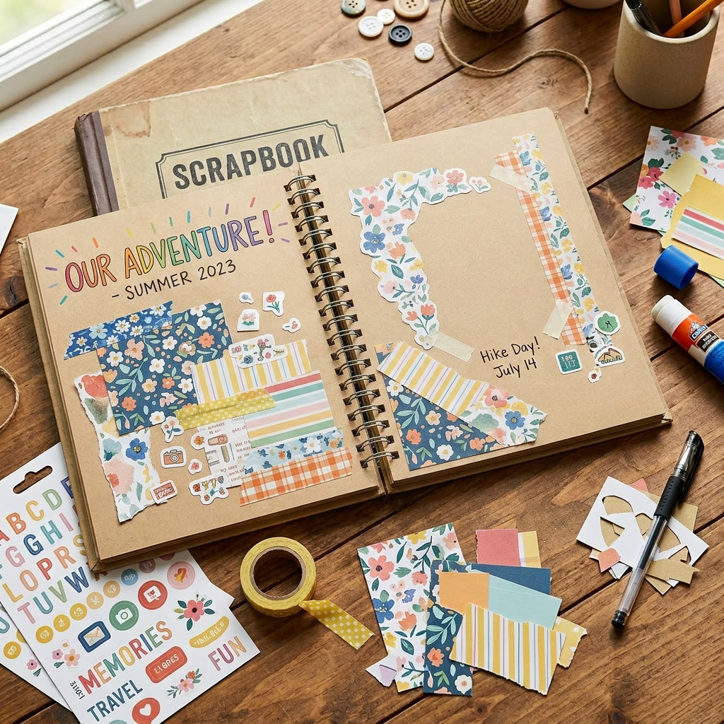 Open journaling album without photos, decorative materials only