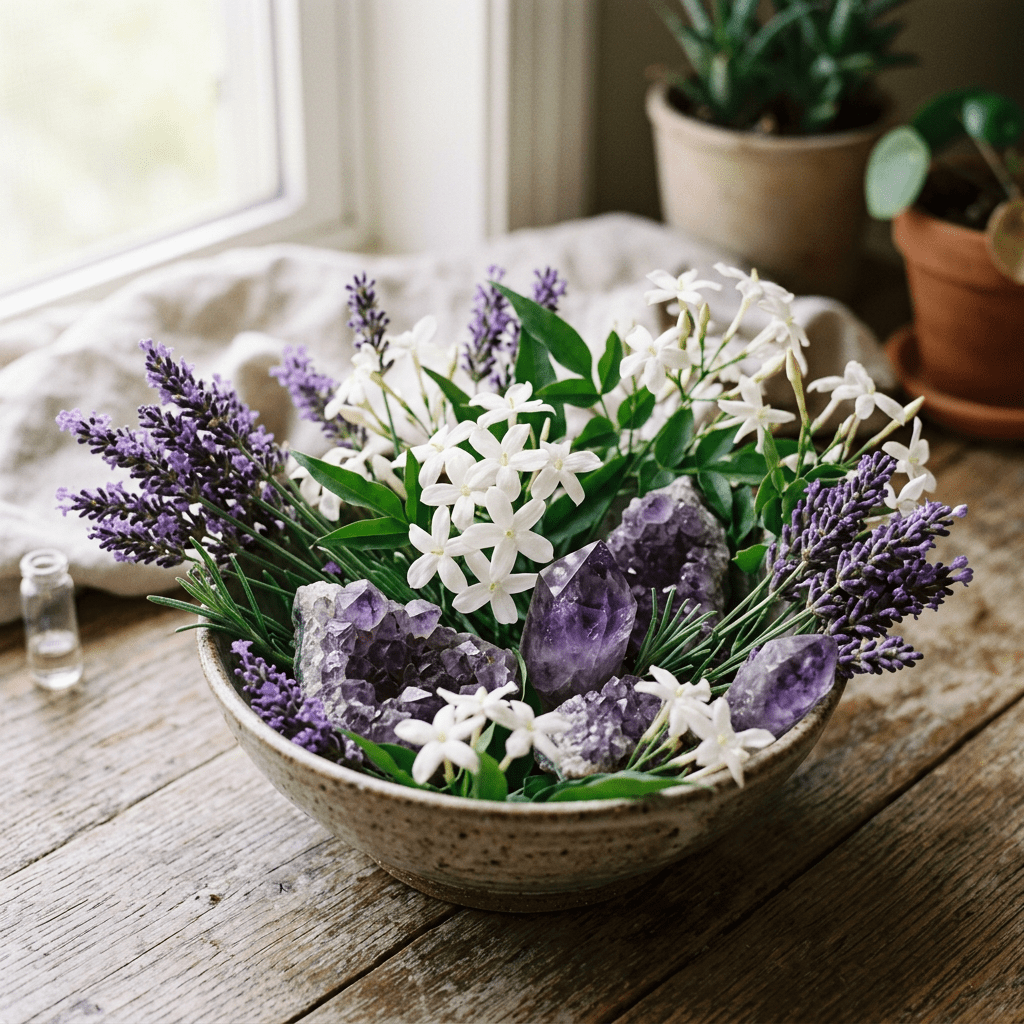 Lavender, jasmine flowers and amethyst crystals arrangement